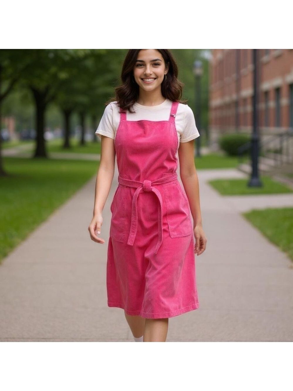 70s B&T DESIGNS BRIGHT COTTON PINK WIDE WHALE WRAP PINAFORE COTTAGECORE JR SZ L